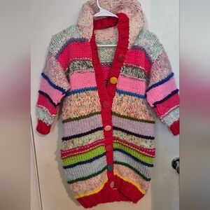 Colorful Striped Knit HAND MADE Cardigan with Hood SZ.M